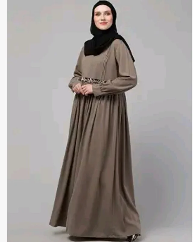 Loose Fit Abaya for Women Nida Matte Fabric Front Gathered Embroidery Full Sleeve Maxi Dress with Side Pockets Modest Islamic Wear
- Baige