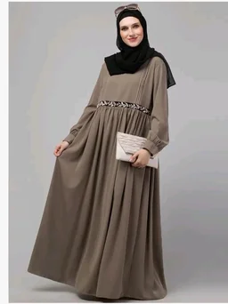 Loose Fit Abaya for Women Nida Matte Fabric Front Gathered Embroidery Full Sleeve Maxi Dress with Side Pockets Modest Islamic Wear
- Baige