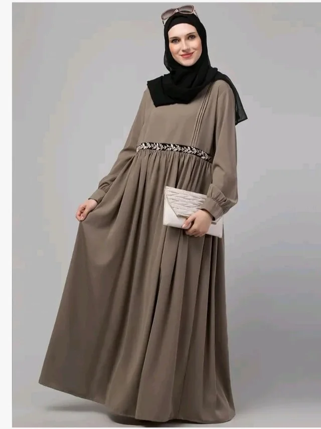 Loose Fit Abaya for Women Nida Matte Fabric Front Gathered Embroidery Full Sleeve Maxi Dress with Side Pockets Modest Islamic Wear
- Baige