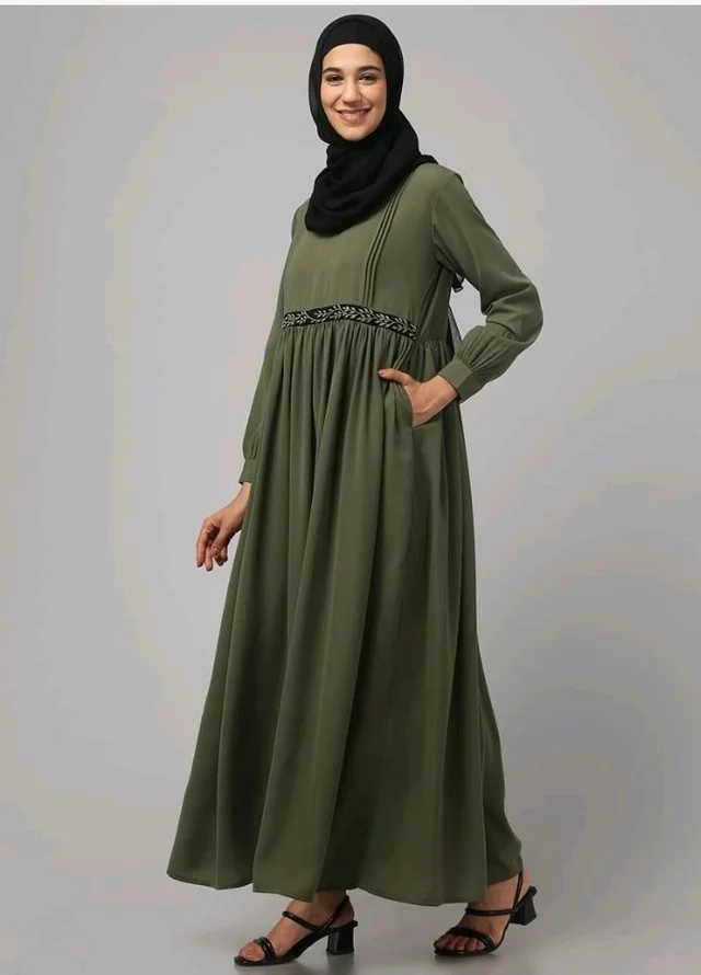Loose Fit Abaya for Women Nida Matte Fabric Front Gathered Embroidery Full Sleeve Maxi Dress with Side Pockets Modest Islamic Wear
- 3XL, Z Green
