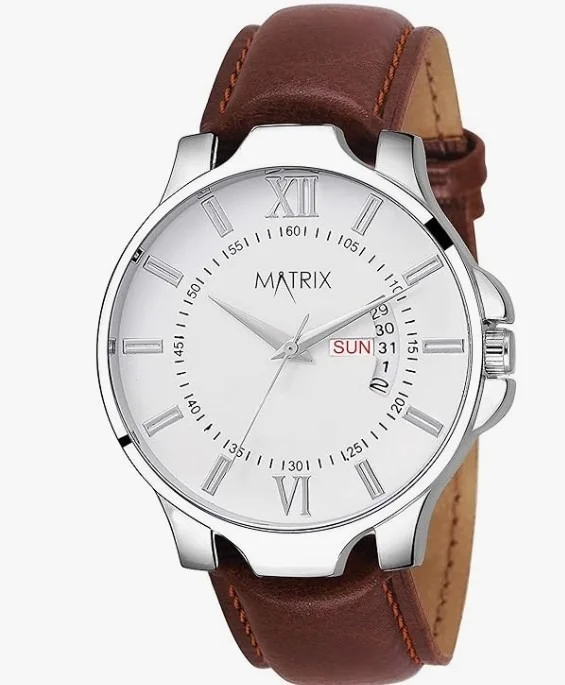 Matrix Antique Day & Date Leather Strap Analog Silicone Watch For Men & Boys - Black