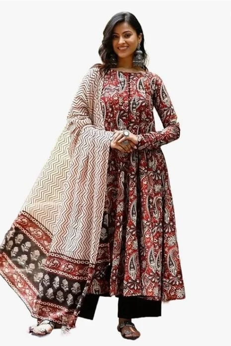 Nermosa Women Printed Anarkali Kurta and Pant Set with Dupatta