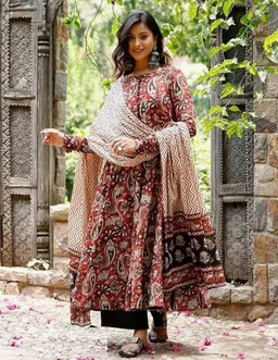 Nermosa Women Printed Anarkali Kurta and Pant Set with Dupatta