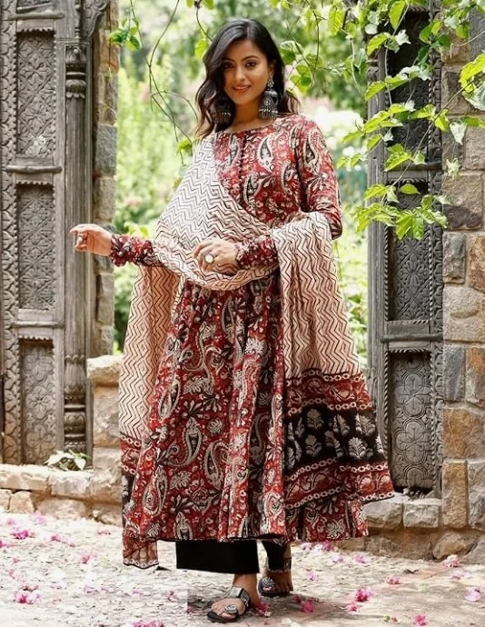 Nermosa Women Printed Anarkali Kurta and Pant Set with Dupatta