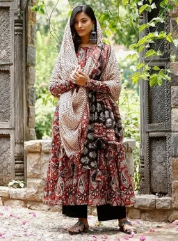 Nermosa Women Printed Anarkali Kurta and Pant Set with Dupatta