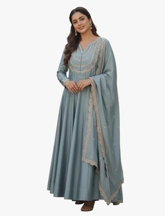 Yashika Women's Silk Blend Embroidered Anarkali Kurta Set with Dupatta | Full Length Ethnic Wear for Women | Wedding