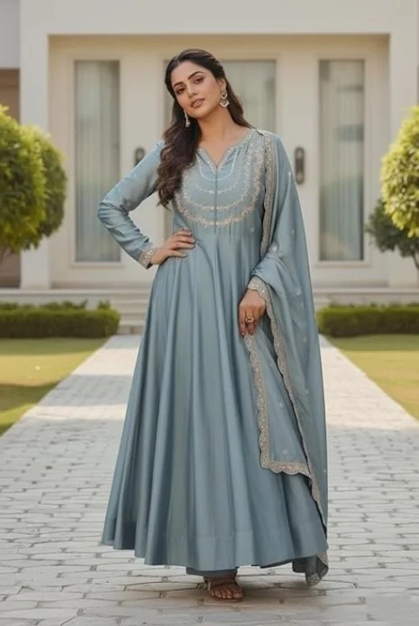 Yashika Women's Silk Blend Embroidered Anarkali Kurta Set with Dupatta | Full Length Ethnic Wear for Women | Wedding