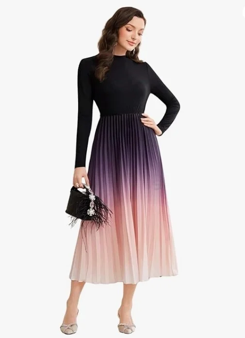 LITZO Dress for Women || Women’s Ombre Pleated Maxi Dress || Elegant Long Sleeve Gradient A‑Line Gown for Parties & Casual Outings || Lightweight Comfortable Casual Wear (T-L-19-20)