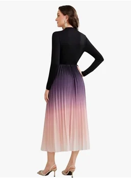 LITZO Dress for Women || Women’s Ombre Pleated Maxi Dress || Elegant Long Sleeve Gradient A‑Line Gown for Parties & Casual Outings || Lightweight Comfortable Casual Wear (T-L-19-20)