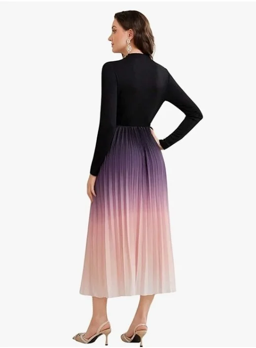 LITZO Dress for Women || Women’s Ombre Pleated Maxi Dress || Elegant Long Sleeve Gradient A‑Line Gown for Parties & Casual Outings || Lightweight Comfortable Casual Wear (T-L-19-20)