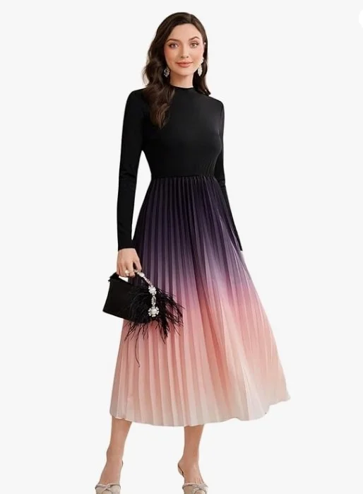 LITZO Dress for Women || Women’s Ombre Pleated Maxi Dress || Elegant Long Sleeve Gradient A‑Line Gown for Parties & Casual Outings || Lightweight Comfortable Casual Wear (T-L-19-20)