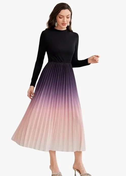 LITZO Dress for Women || Women’s Ombre Pleated Maxi Dress || Elegant Long Sleeve Gradient A‑Line Gown for Parties & Casual Outings || Lightweight Comfortable Casual Wear (T-L-19-20)