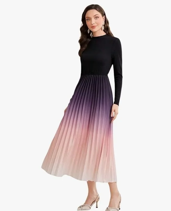 LITZO Dress for Women || Women’s Ombre Pleated Maxi Dress || Elegant Long Sleeve Gradient A‑Line Gown for Parties & Casual Outings || Lightweight Comfortable Casual Wear (T-L-19-20)