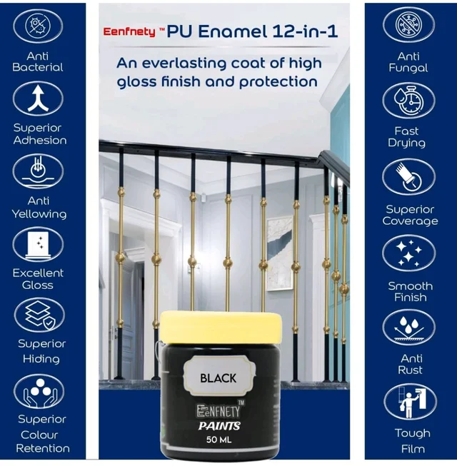 Eenfnety ™ Paints PCENFP0001 Black 50 ml High Gloss Finish Paint for Interior Exterior Metal & Wood Surfaces with Fast Drying Anti-Rust & Complete Coverage . - 50 Ml, Black