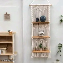 Nobel PCENFAP023 Handicraft Handmade Macrame 3-Tier Wall Hanging Shelf – Boho Chic Design with Wooden Shelves for Plants, Books, and Decor