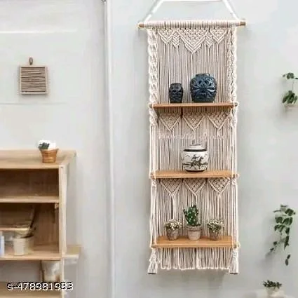 Nobel PCENFAP023 Handicraft Handmade Macrame 3-Tier Wall Hanging Shelf – Boho Chic Design with Wooden Shelves for Plants, Books, and Decor