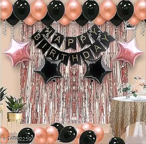 White PCENFAP028 Net Curtain With Led Light Happy Birthday Decoration Kit Combo (29pcs) With White Net Cloth (1pc) Led Light (1pc) Happy Birthday banner (1 set) Metallic Balloons & Ribbon for Boy - Design 3