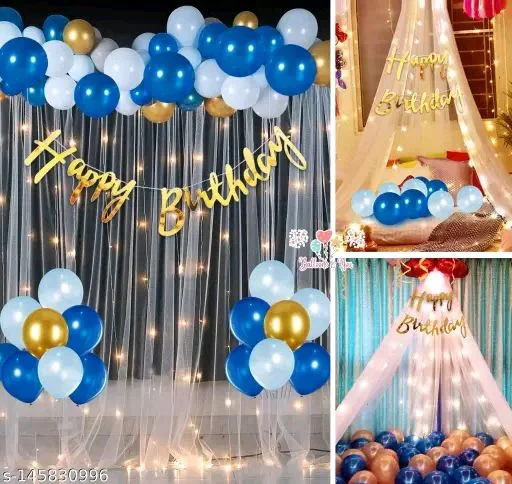 White PCENFAP028 Net Curtain With Led Light Happy Birthday Decoration Kit Combo (29pcs) With White Net Cloth (1pc) Led Light (1pc) Happy Birthday banner (1 set) Metallic Balloons & Ribbon for Boy - Design 4