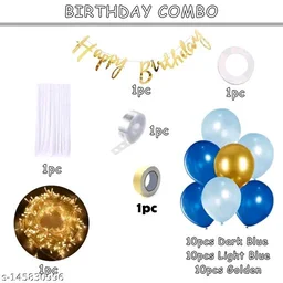 White PCENFAP028 Net Curtain With Led Light Happy Birthday Decoration Kit Combo (29pcs) With White Net Cloth (1pc) Led Light (1pc) Happy Birthday banner (1 set) Metallic Balloons & Ribbon for Boy - Design 4