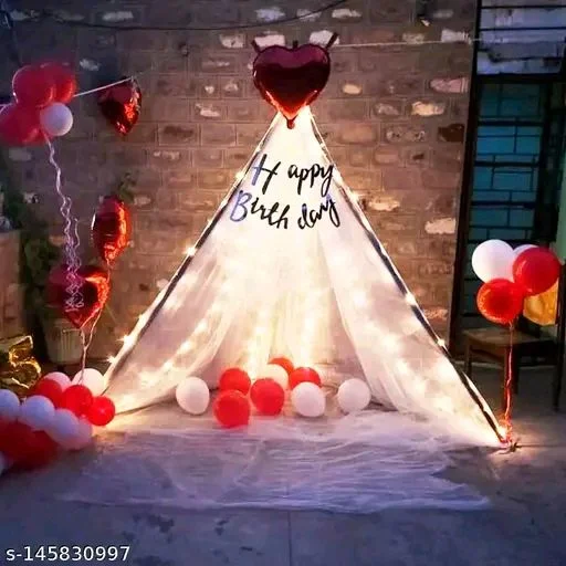 White PCENFAP028 Net Curtain With Led Light Happy Birthday Decoration Kit Combo (29pcs) With White Net Cloth (1pc) Led Light (1pc) Happy Birthday banner (1 set) Metallic Balloons & Ribbon for Boy - Design 5