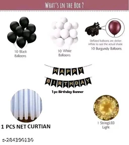 White PCENFAP028 Net Curtain With Led Light Happy Birthday Decoration Kit Combo (29pcs) With White Net Cloth (1pc) Led Light (1pc) Happy Birthday banner (1 set) Metallic Balloons & Ribbon for Boy - Design 6