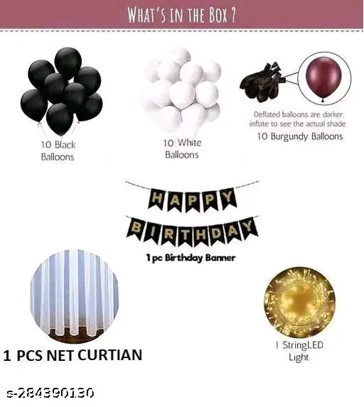 White PCENFAP028 Net Curtain With Led Light Happy Birthday Decoration Kit Combo (29pcs) With White Net Cloth (1pc) Led Light (1pc) Happy Birthday banner (1 set) Metallic Balloons & Ribbon for Boy - Design 6