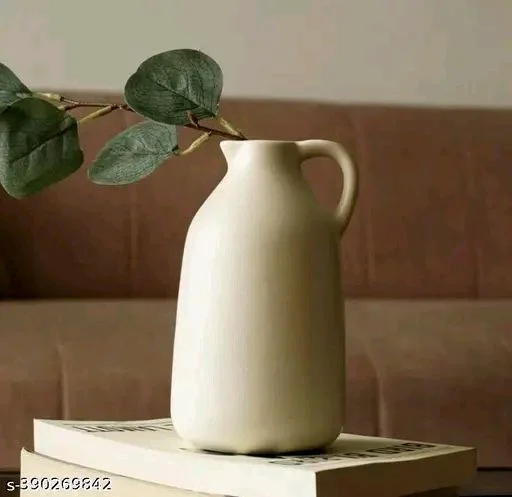PREM RATAN PCENFAP029 AND ASSOCIATES Ceramic Showpiece Jug Shape Flower Vase Pot for Home , Office , Kitchen , Dining Table and Study Table Decoration | Used with Artificial flower or Real Flowers | Pack of 1 | Off-white | 7 Inch Height