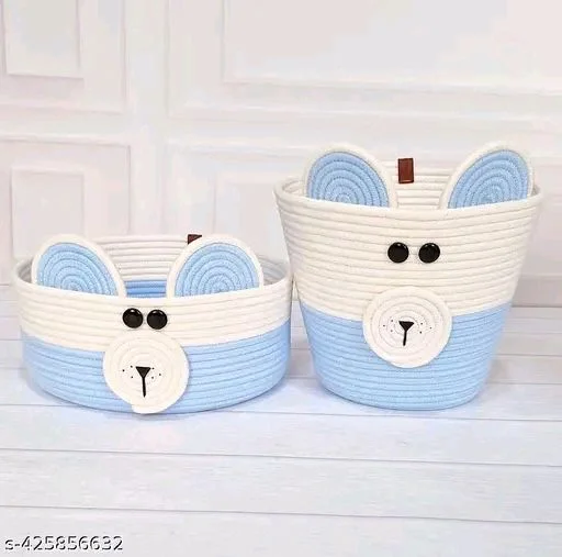 Tamanna PCENFAP033 Matka Cotton Basket for Storage, Kitchen, Baby Clothes (1 Piece, 20x25 cm) –Handcrafted Round Woven Big Size Cartoon Basket for Kids, Toys, Wardrobe, Hamper, Plants (Beige) - Blizzard Blue