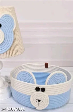 Tamanna PCENFAP033 Matka Cotton Basket for Storage, Kitchen, Baby Clothes (1 Piece, 20x25 cm) –Handcrafted Round Woven Big Size Cartoon Basket for Kids, Toys, Wardrobe, Hamper, Plants (Beige) - Blizzard Blue