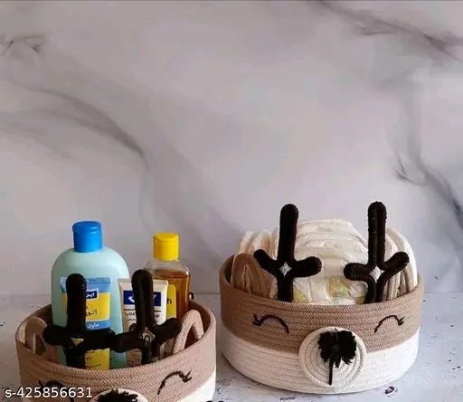 Tamanna PCENFAP033 Matka Cotton Basket for Storage, Kitchen, Baby Clothes (1 Piece, 20x25 cm) –Handcrafted Round Woven Big Size Cartoon Basket for Kids, Toys, Wardrobe, Hamper, Plants (Beige) - Brown