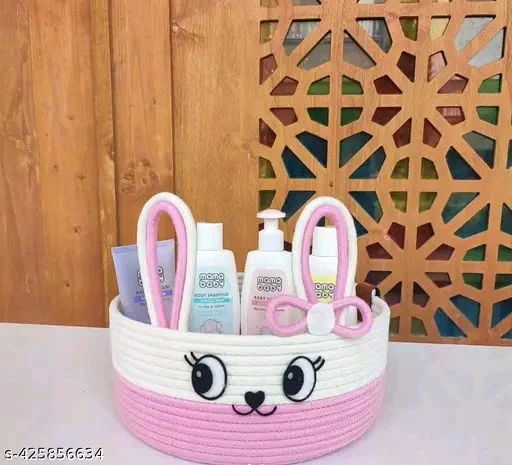 Tamanna PCENFAP033 Matka Cotton Basket for Storage, Kitchen, Baby Clothes (1 Piece, 20x25 cm) –Handcrafted Round Woven Big Size Cartoon Basket for Kids, Toys, Wardrobe, Hamper, Plants (Beige) - Pink