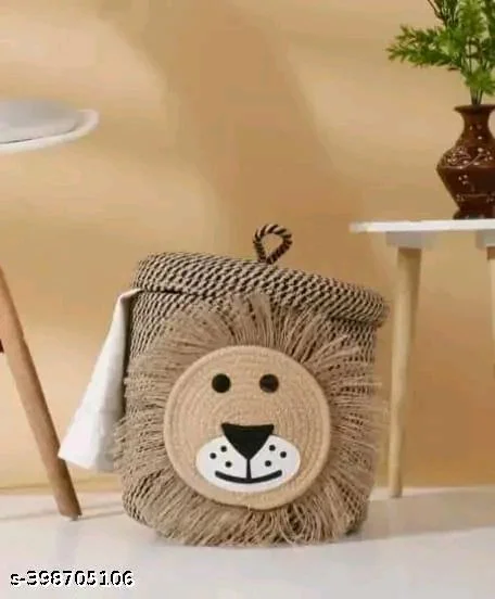Tamanna PCENFAP033 Matka Cotton Basket for Storage, Kitchen, Baby Clothes (1 Piece, 20x25 cm) –Handcrafted Round Woven Big Size Cartoon Basket for Kids, Toys, Wardrobe, Hamper, Plants (Beige) - Lion