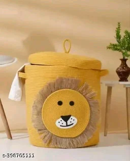 Tamanna PCENFAP033 Matka Cotton Basket for Storage, Kitchen, Baby Clothes (1 Piece, 20x25 cm) –Handcrafted Round Woven Big Size Cartoon Basket for Kids, Toys, Wardrobe, Hamper, Plants (Beige) - Lion