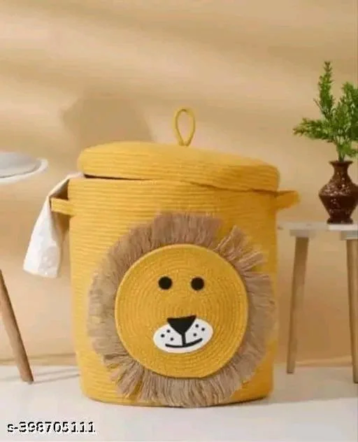 Tamanna PCENFAP033 Matka Cotton Basket for Storage, Kitchen, Baby Clothes (1 Piece, 20x25 cm) –Handcrafted Round Woven Big Size Cartoon Basket for Kids, Toys, Wardrobe, Hamper, Plants (Beige) - Lion