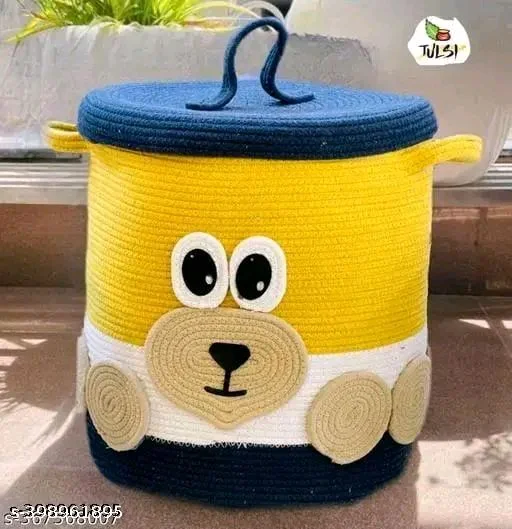 Tamanna PCENFAP033 Matka Cotton Basket for Storage, Kitchen, Baby Clothes (1 Piece, 20x25 cm) –Handcrafted Round Woven Big Size Cartoon Basket for Kids, Toys, Wardrobe, Hamper, Plants (Beige) - Bright Sun