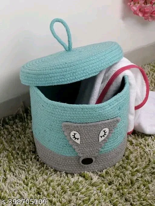 Tamanna PCENFAP033 Matka Cotton Basket for Storage, Kitchen, Baby Clothes (1 Piece, 20x25 cm) –Handcrafted Round Woven Big Size Cartoon Basket for Kids, Toys, Wardrobe, Hamper, Plants (Beige) - Wolf