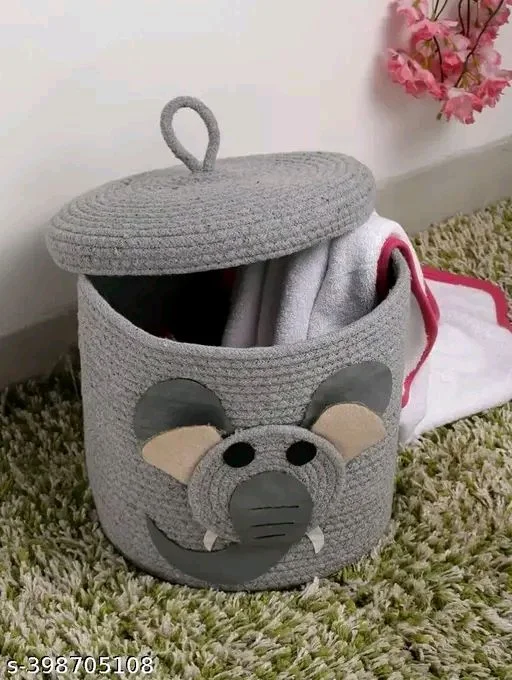 Tamanna PCENFAP033 Matka Cotton Basket for Storage, Kitchen, Baby Clothes (1 Piece, 20x25 cm) –Handcrafted Round Woven Big Size Cartoon Basket for Kids, Toys, Wardrobe, Hamper, Plants (Beige) - Elephant