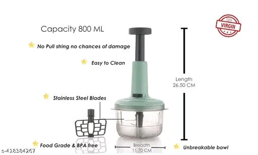 1100 ML PCENFAP051 Extra Large Quick & Powerful Hand Held Food Push Chopper to Chop & Cut Fruits, Vegetables, Herbs, Onions for Salsa, Salad, Pesto,