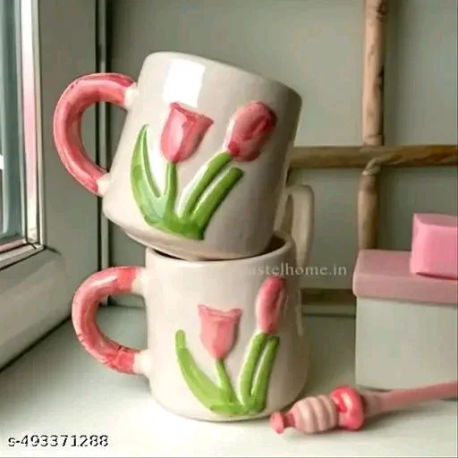 Handmade PCENFAP055 Ceramic Tulip Mug | Aesthetic Floral Coffee Mug | 3D Tulip Flower Tea Cup | Cute Pottery Coffee Cup | Unique Gift for Women,