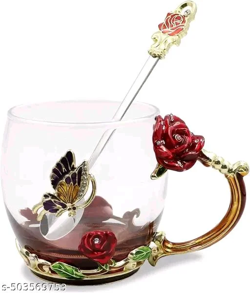 Flower PCENFAP056 Tea Glass Cup with Spoon use for Home, Kitchen, Hotel, Luxury Home Glass Coffee Mugs Tea Cup with Steel Spoon Set Antique Tea Cups