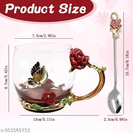 Flower PCENFAP056 Tea Glass Cup with Spoon use for Home, Kitchen, Hotel, Luxury Home Glass Coffee Mugs Tea Cup with Steel Spoon Set Antique Tea Cups