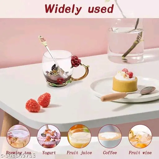 Flower PCENFAP056 Tea Glass Cup with Spoon use for Home, Kitchen, Hotel, Luxury Home Glass Coffee Mugs Tea Cup with Steel Spoon Set Antique Tea Cups