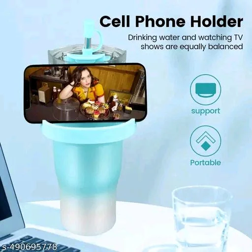 1200ml PCENFAP072 Stainless Steel Tumbler with Handle, Dual Lid, Drinking Straw | Hot and Cold Double Vacuum Insulated Flask | Fits Car Cup Holders |
- Cerulean