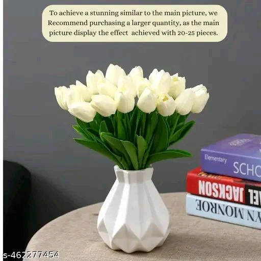 Purple PCENFAP090 Leaf 5PCs Artificial Flower White Tulip Flowers Sticks For Gifting Decorative Items Home Decor,Office, Bedroom, Balcony,Living Room Corner Table Top Bedroom Wedding Party Festive - White