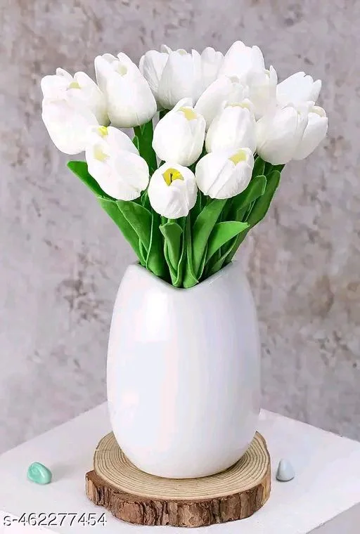 Purple PCENFAP090 Leaf 5PCs Artificial Flower White Tulip Flowers Sticks For Gifting Decorative Items Home Decor,Office, Bedroom, Balcony,Living Room Corner Table Top Bedroom Wedding Party Festive - White