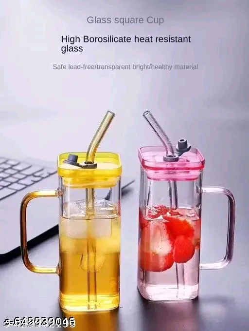 Square Yellow Bow Glass Cup Set of 1, 400 ml Aesthetic Repeat Use Glass Tumbler with Pink Handle, Cute Smoothie Cup for Milk, Coffee, Iced Tea, Juices, Leakproof Lid & Straw Gift for Girls