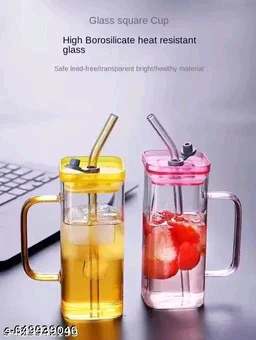 Square Yellow Bow Glass Cup Set of 1, 400 ml Aesthetic Repeat Use Glass Tumbler with Pink Handle, Cute Smoothie Cup for Milk, Coffee, Iced Tea, Juices, Leakproof Lid & Straw Gift for Girls