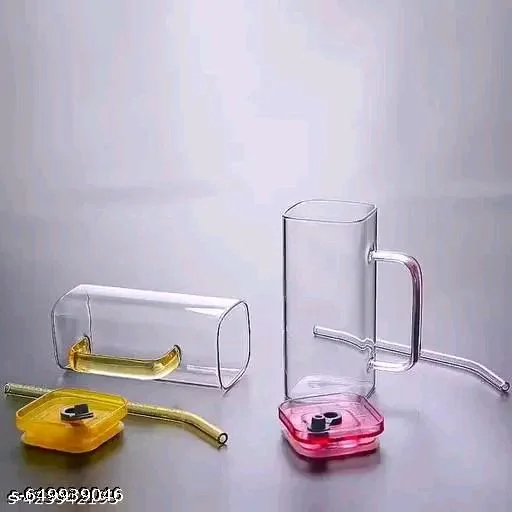 Square Yellow Bow Glass Cup Set of 1, 400 ml Aesthetic Repeat Use Glass Tumbler with Pink Handle, Cute Smoothie Cup for Milk, Coffee, Iced Tea, Juices, Leakproof Lid & Straw Gift for Girls