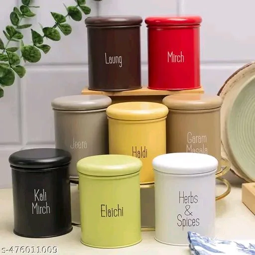 8-Piece Spice Jar Set|300ml Airtight MetalContainers with BPA-Free Lid| Masala Box & Kitchen Organizer | Durable Mild Steel Storage Box for Spices (Metal Pack of 8)