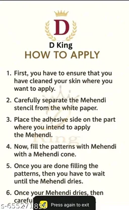 Eureka's Henna Stencil Tattoo For Girls, Women's And Kids| Latest Mehendi Stencil
- Type 6